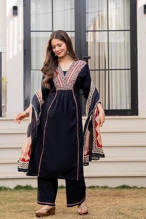 MEERA FAB Women Floral Printed Pure Cotton Straignt V-Neck Kurta with Trousers & Dupatta