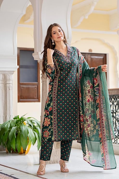 MEERA FAB Women's Cotton Blend Straight Printed Kurta with Palazzo & Dupatta