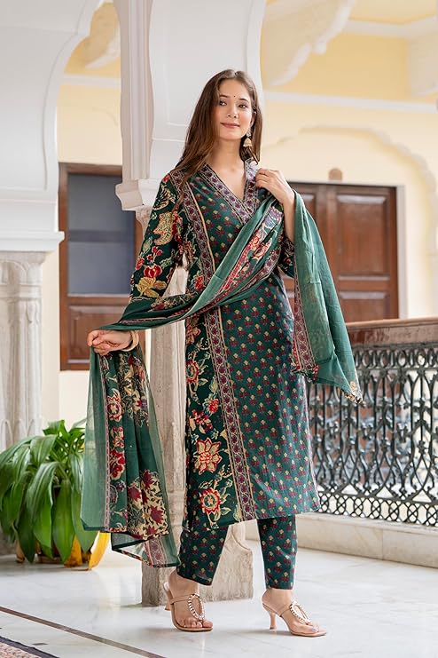 MEERA FAB Women's Cotton Blend Straight Printed Kurta with Palazzo & Dupatta