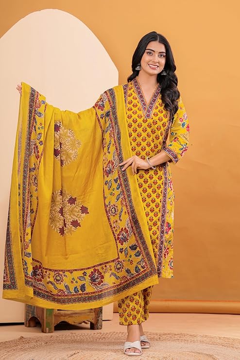 MEERA FAB Women's Cotton Blend Straight Printed Kurta with Palazzo & Dupatta