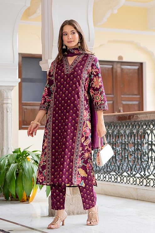 MEERA FAB Women's Cotton Blend Straight Printed Kurta with Palazzo & Dupatta