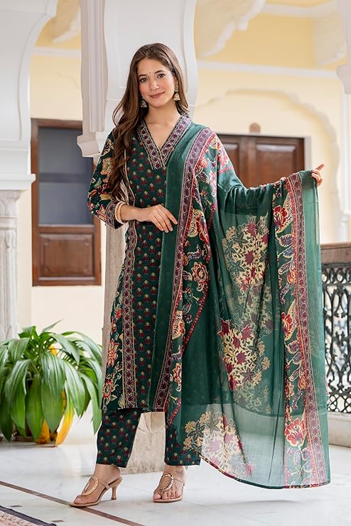 MEERA FAB Women's Cotton Blend Straight Printed Kurta with Palazzo & Dupatta