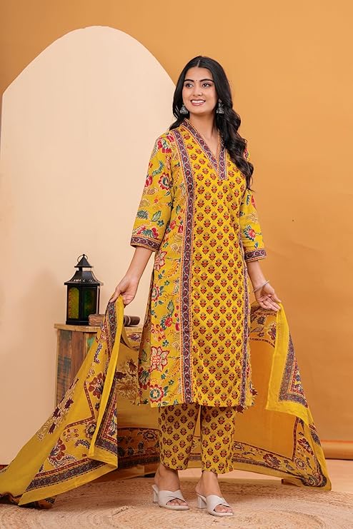 MEERA FAB Women's Cotton Blend Straight Printed Kurta with Palazzo & Dupatta