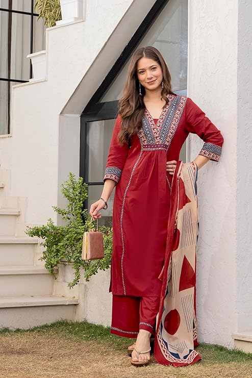 MEERA FAB Women Floral Printed Pure Cotton Straignt V-Neck Kurta with Trousers & Dupatta