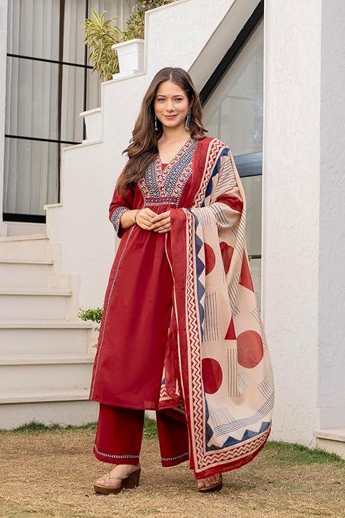 MEERA FAB Women Floral Printed Pure Cotton Straignt V-Neck Kurta with Trousers & Dupatta