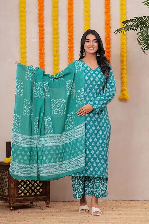 MEERA FAB Women Floral Printed Pure Cotton Anarkali V-Neck Kurta with Trousers & Dupatta