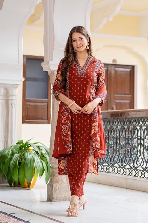 MEERA FAB Women's Cotton Blend Straight Printed Kurta with Palazzo & Dupatta
