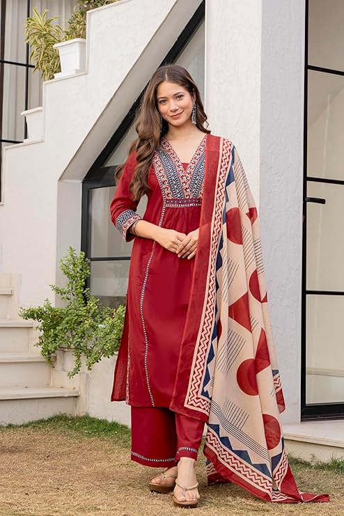 MEERA FAB Women Floral Printed Pure Cotton Straignt V-Neck Kurta with Trousers & Dupatta
