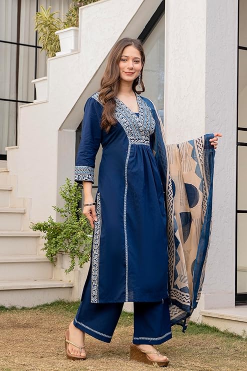 MEERA FAB Women Floral Printed Pure Cotton Straignt V-Neck Kurta with Trousers & Dupatta