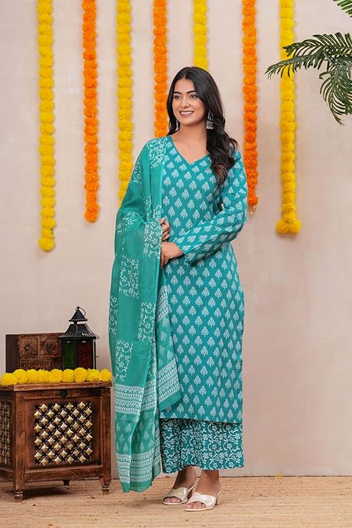 MEERA FAB Women Floral Printed Pure Cotton Anarkali V-Neck Kurta with Trousers & Dupatta