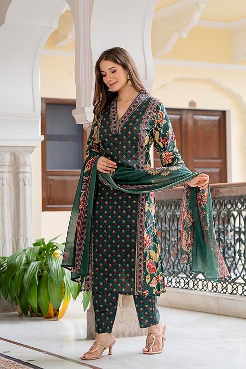 MEERA FAB Women's Cotton Blend Straight Printed Kurta with Palazzo & Dupatta