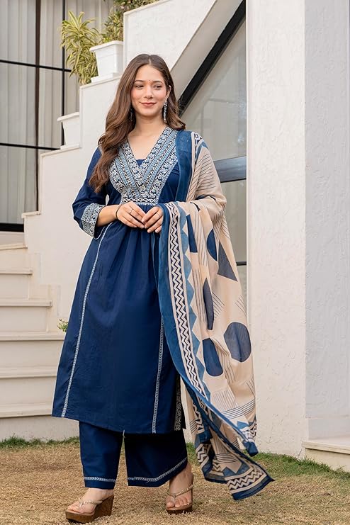 MEERA FAB Women Floral Printed Pure Cotton Straignt V-Neck Kurta with Trousers & Dupatta