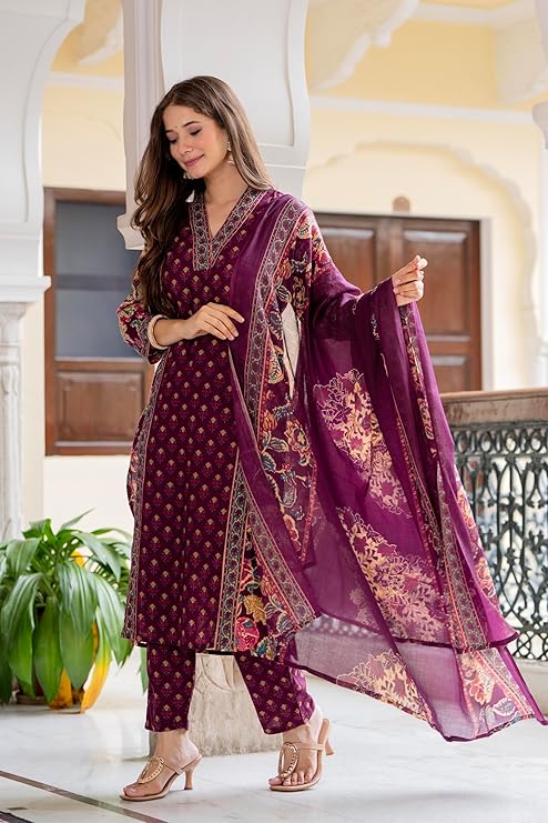 MEERA FAB Women's Cotton Blend Straight Printed Kurta with Palazzo & Dupatta