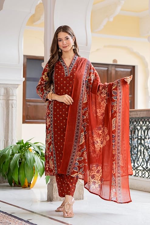 MEERA FAB Women's Cotton Blend Straight Printed Kurta with Palazzo & Dupatta