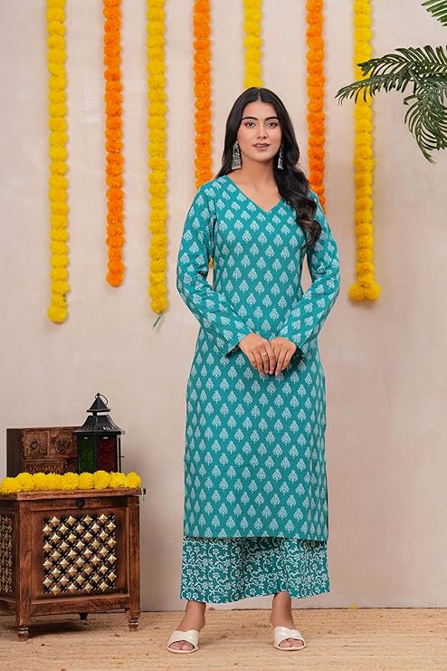 MEERA FAB Women Floral Printed Pure Cotton Anarkali V-Neck Kurta with Trousers & Dupatta