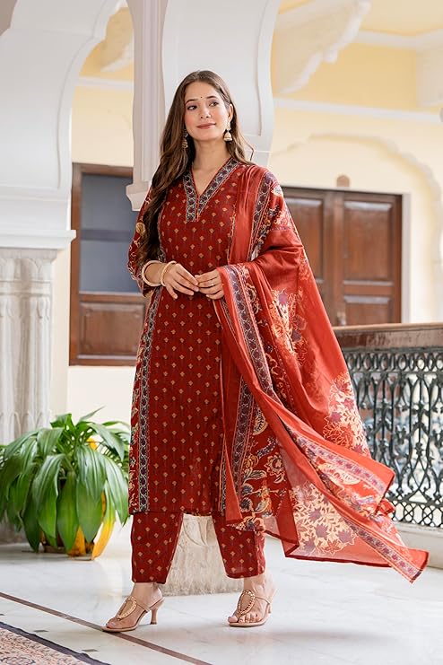 MEERA FAB Women's Cotton Blend Straight Printed Kurta with Palazzo & Dupatta