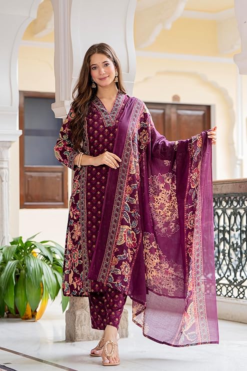 MEERA FAB Women's Cotton Blend Straight Printed Kurta with Palazzo & Dupatta