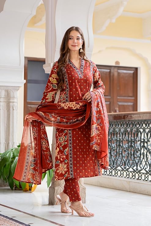 MEERA FAB Women's Cotton Blend Straight Printed Kurta with Palazzo & Dupatta