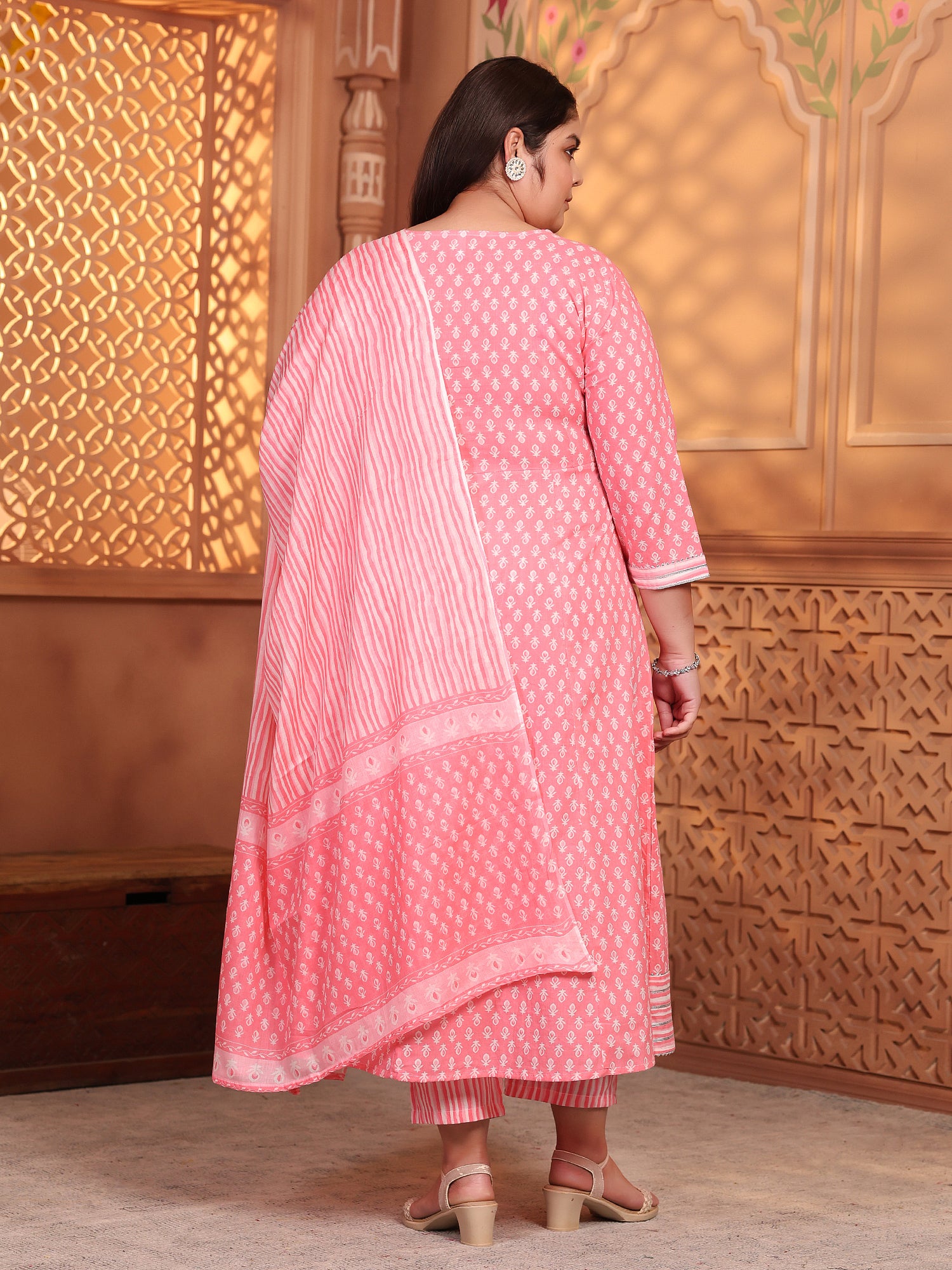 MEERA FAB Women's Pure Cotton Printed Anarkali Handwork Kurta with Palazzos & Dupatta