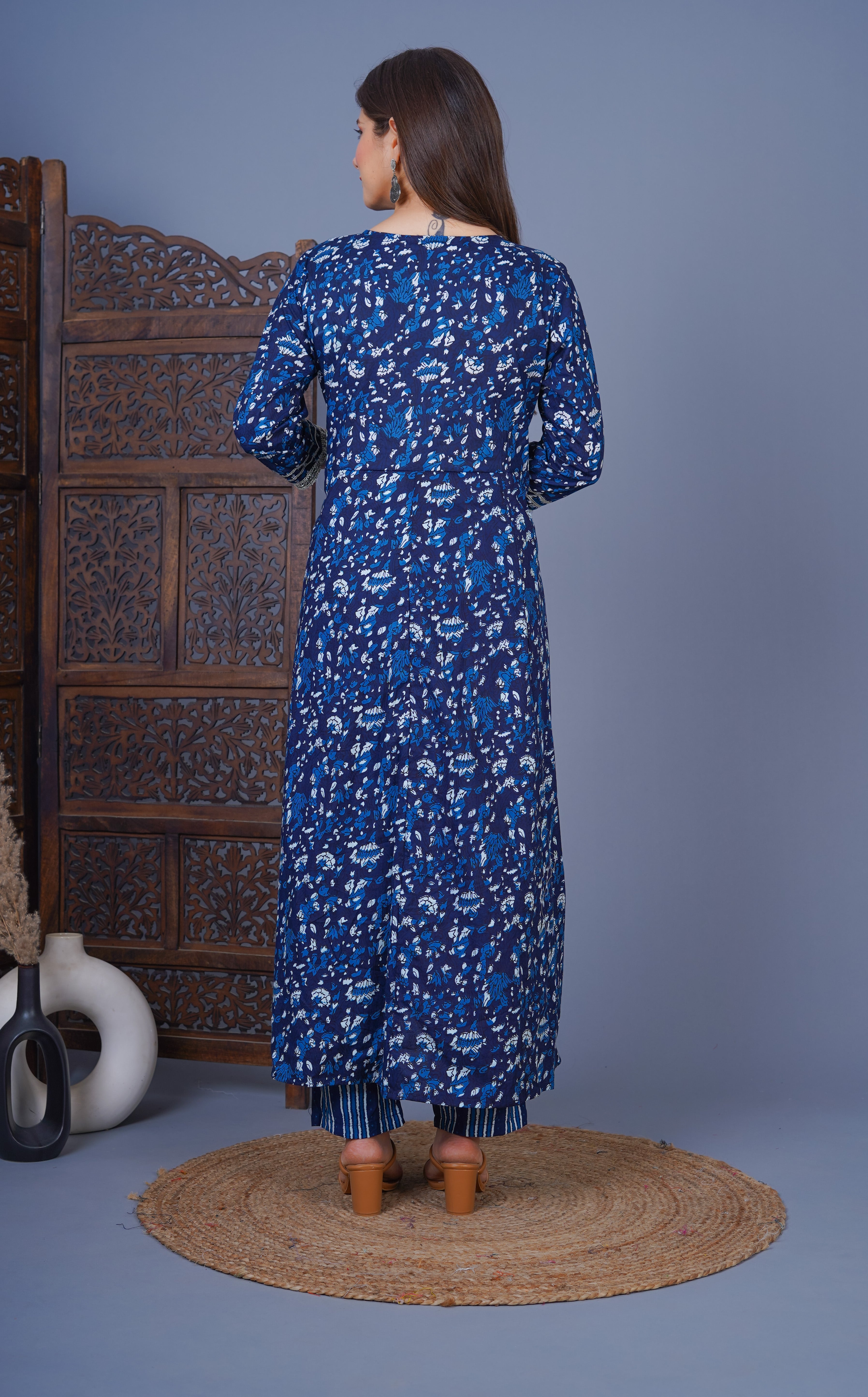 MEERA FAB Women's Cotton Floral Printed Blue Anarkali Kurta with Palazzo & Dupatta Set MF-230