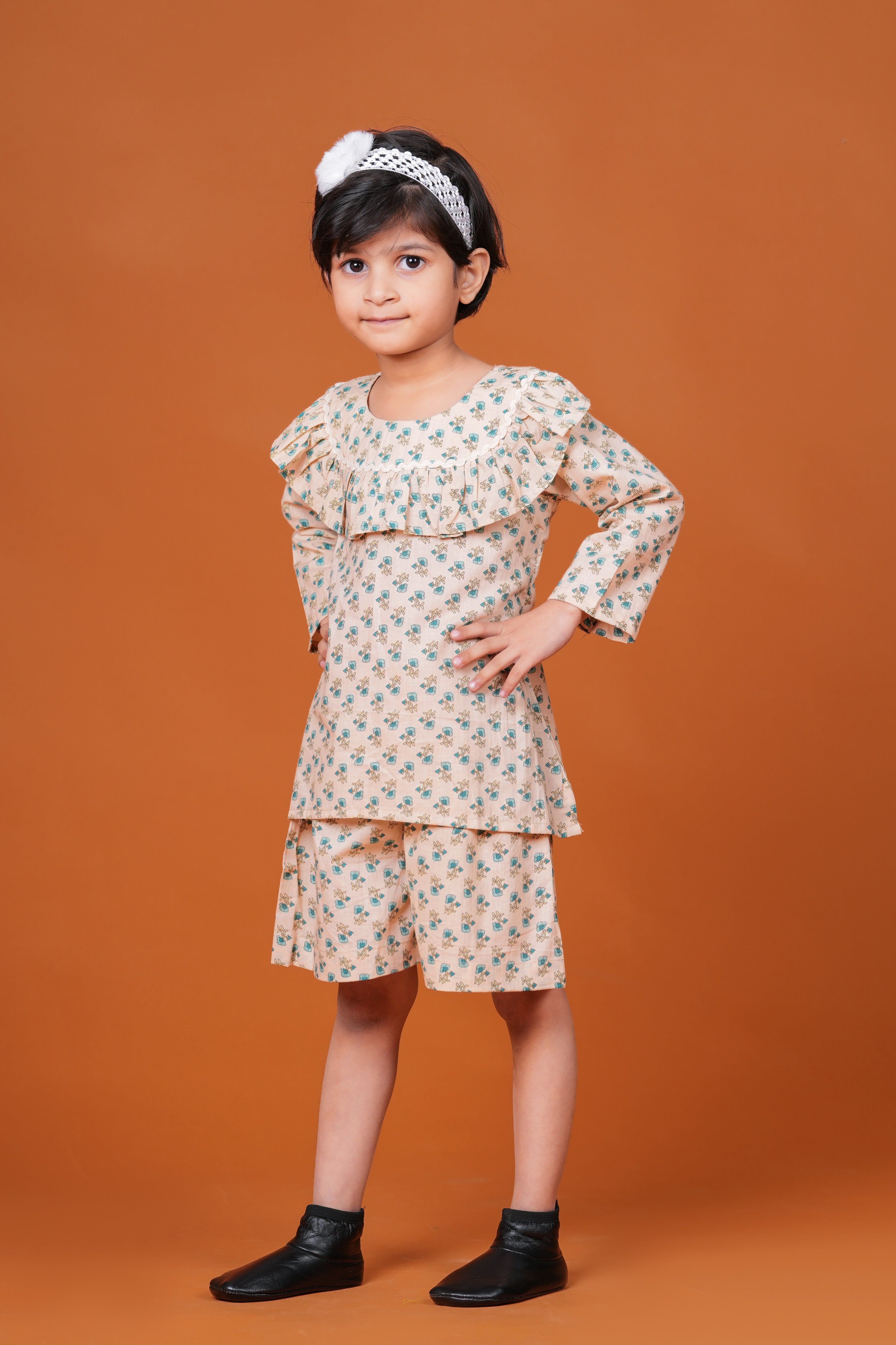 Girls Pure Cotton Top with Short pant Set | Floral Printed Full Sleeve Top with Short pants | Soft Breathable Co-ord Outfit