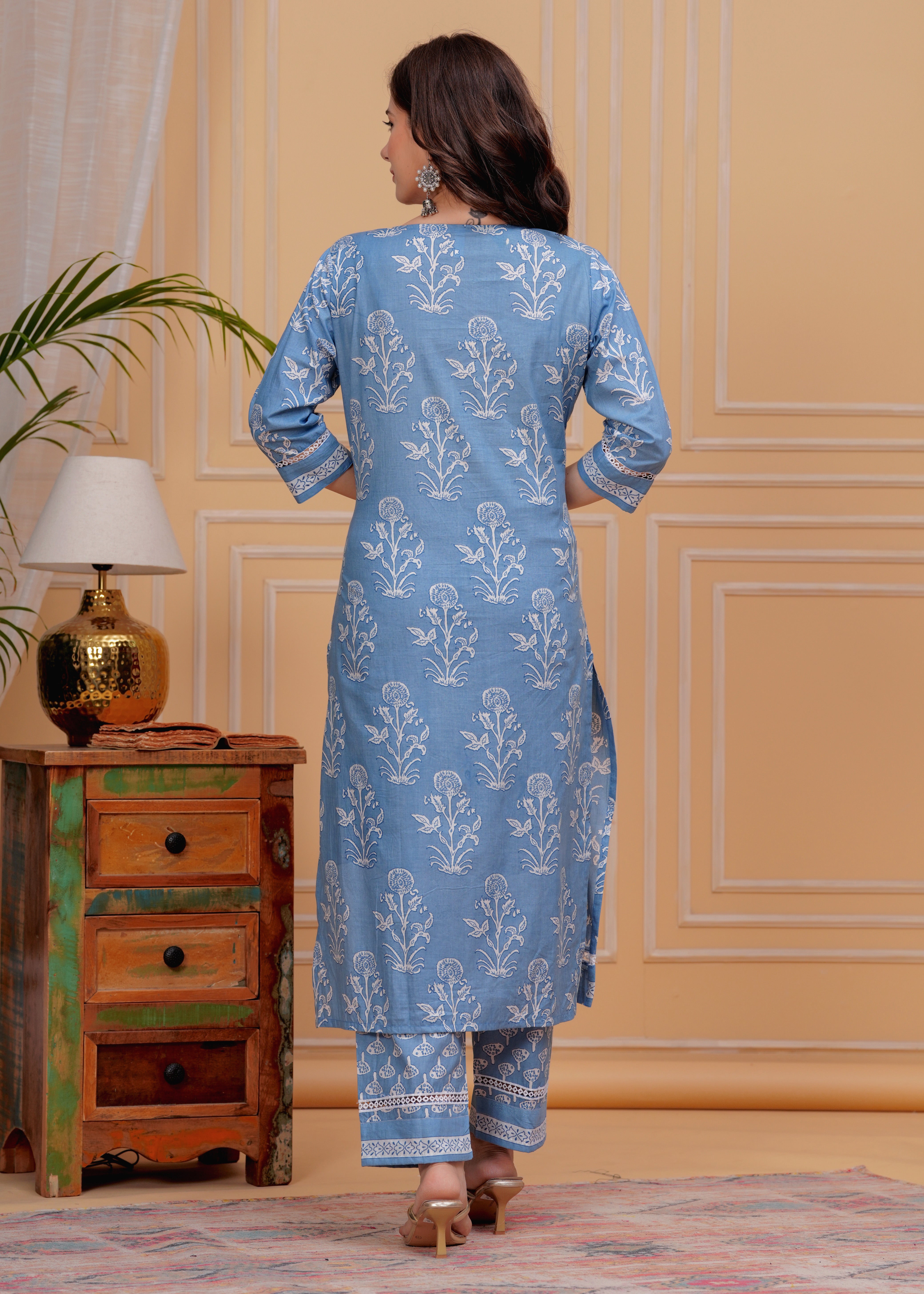 MEERA FAB Women's Cotton Blend Straight Printed Kurta with Palazzo & Dupatta