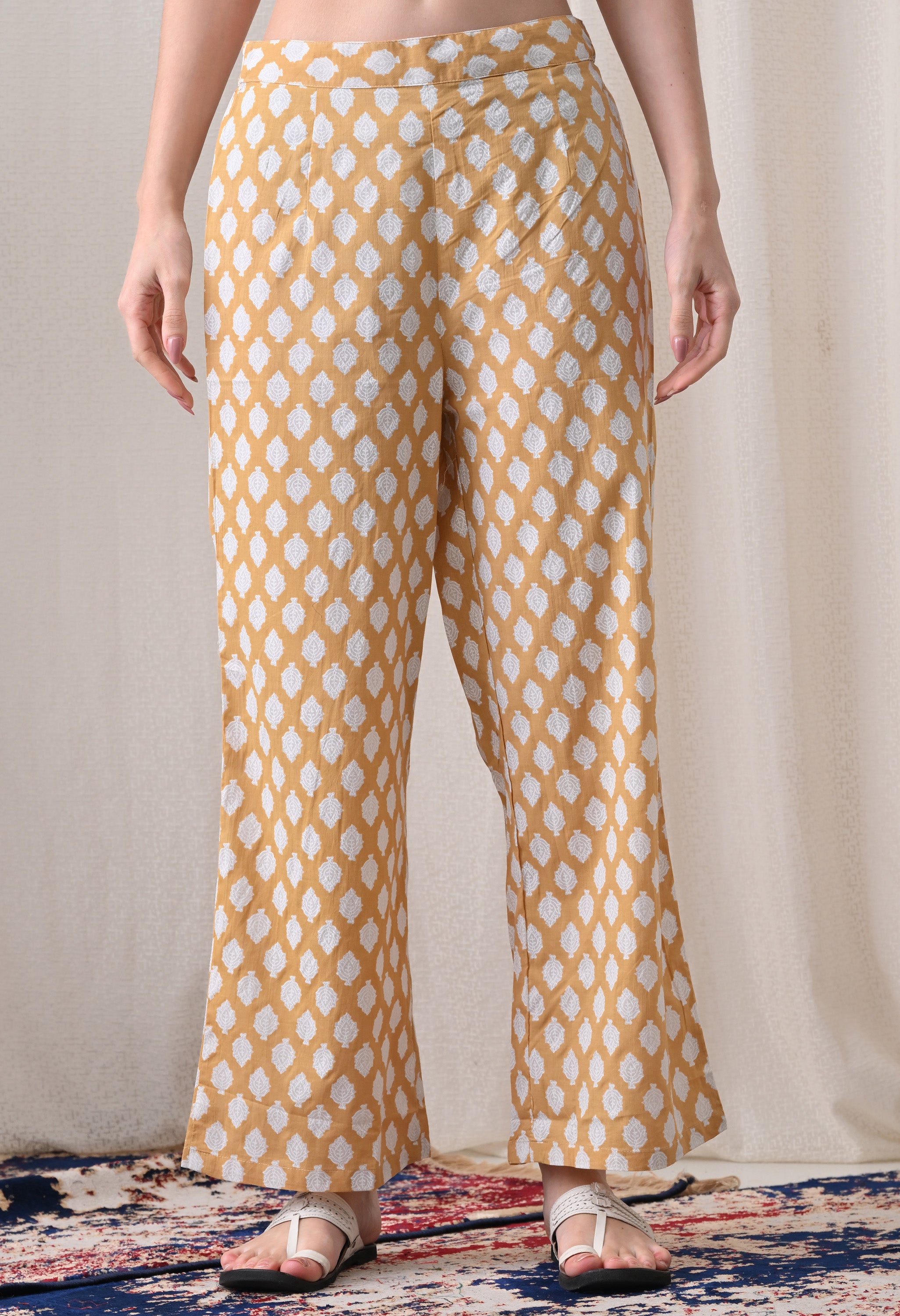 MEERA FAB Alia Cut Kurta Palazzo and Dupatta Set,Pure Cotton, with Embroidery, Block Print