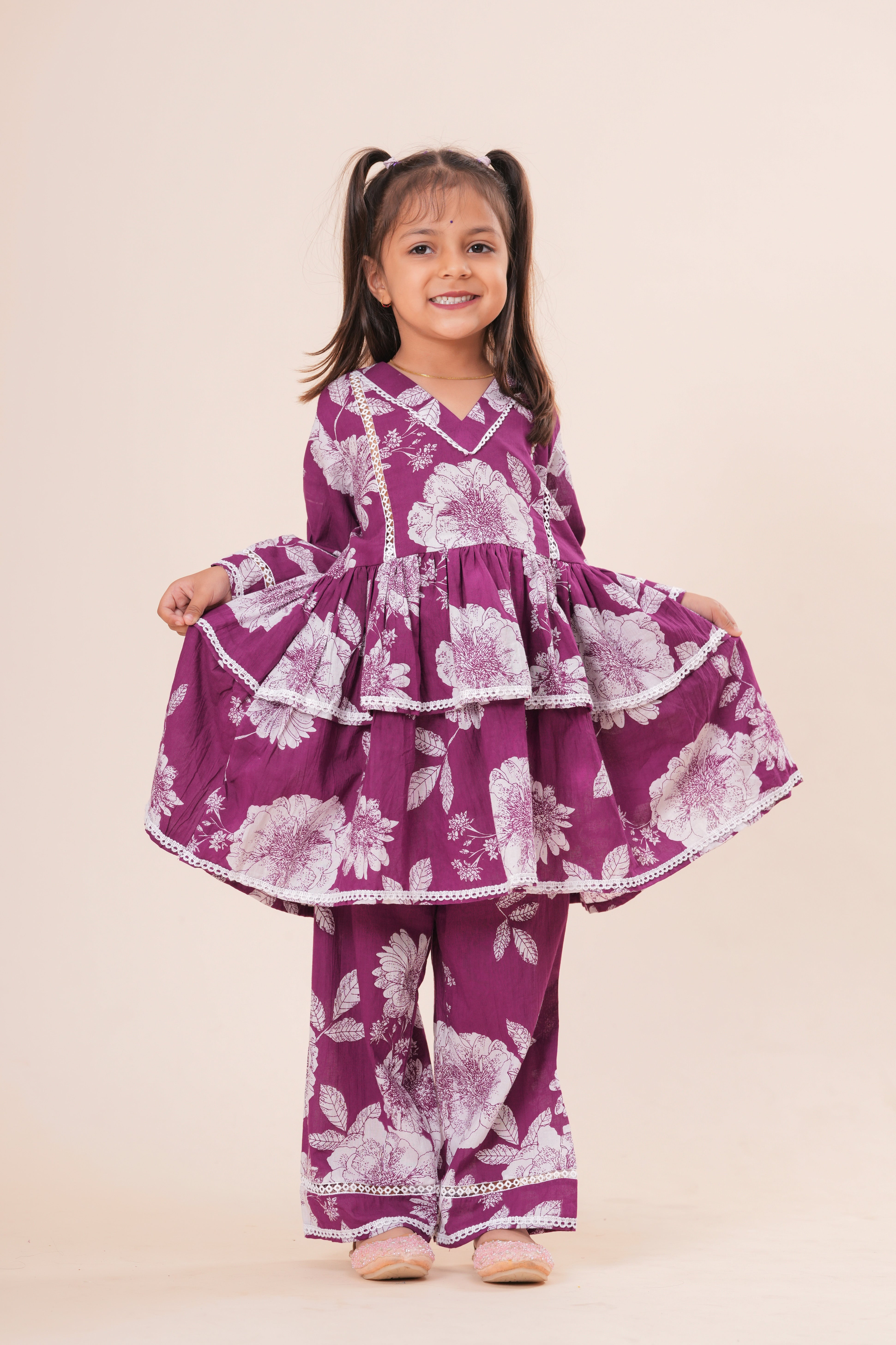 Girls Kids Pure Cotton Full Sleeves Top with Pant Set | Floral Printed V-Neck Co-Ord Set | Soft Breathable Top and Bottom Outfit