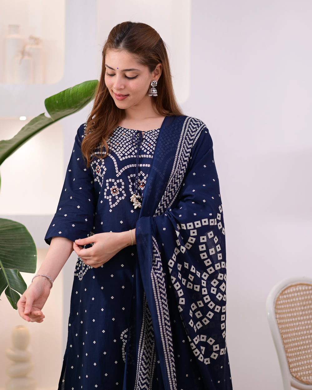 MEERA FAB Women's Pure Bandhej Cotton Straight Kurta Set with Palazzo Pants & Dupatta|Ethnic wear|Kurti Suit Set for Women