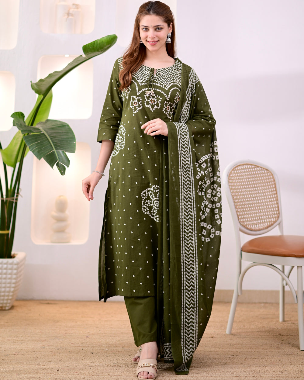 MEERA FAB Women's Pure Bandhej Cotton Straight Kurta Set with Palazzo Pants & Dupatta|Ethnic wear|Kurti Suit Set for Women