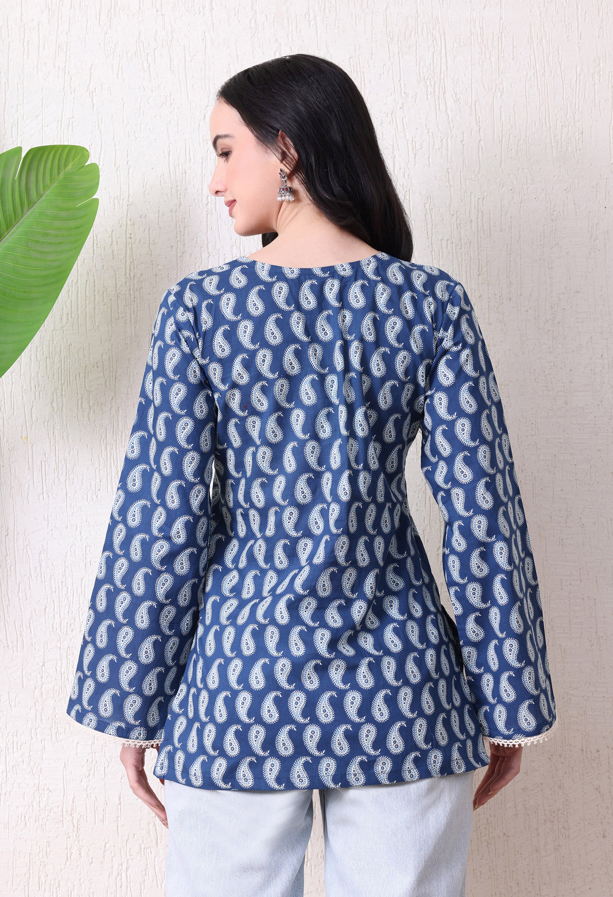 MEERA FAB Women's Floral Printed Cotton Short Top | Sanganeri Printed Top Full Sleeves | Short Kurti for Women