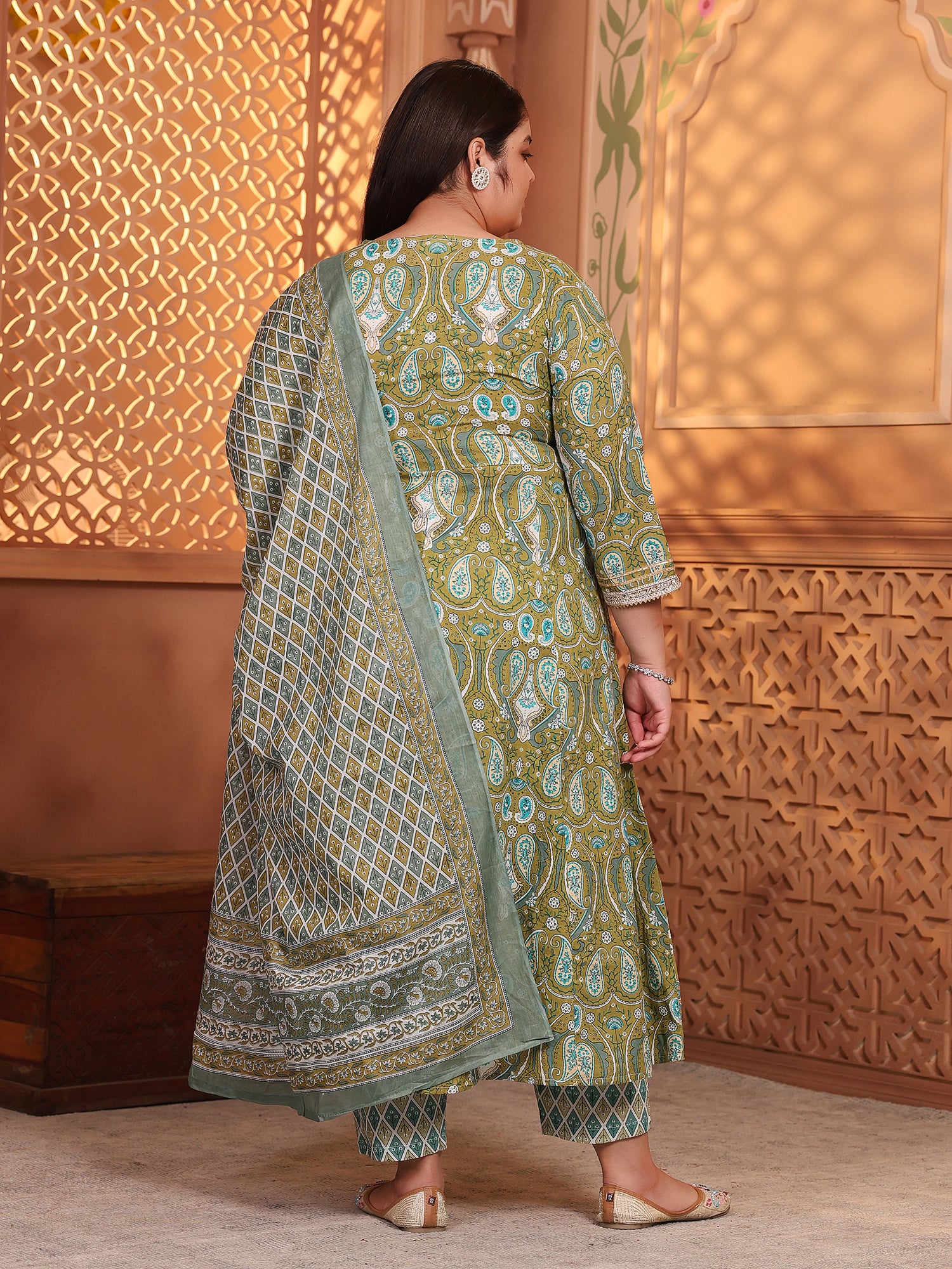 MEERA FAB Plus Size Printed Pure Cotton Anarkali Handwork Kurta with Palazzos & Dupatta