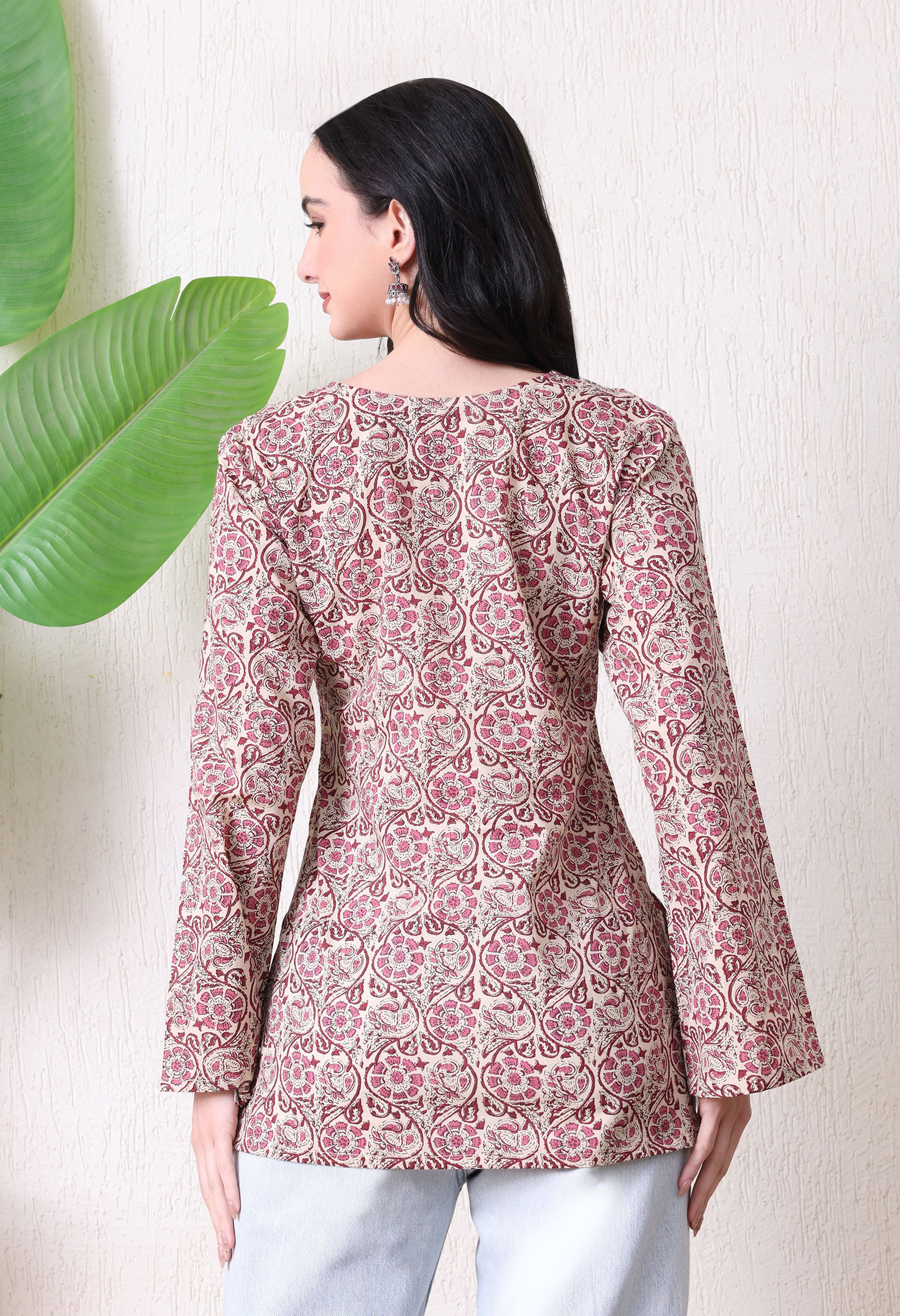 MEERA FAB Women's Floral Printed Cotton Short Top | Daabu Printed Kurta with Full Sleeves | Short Kurti for Women
