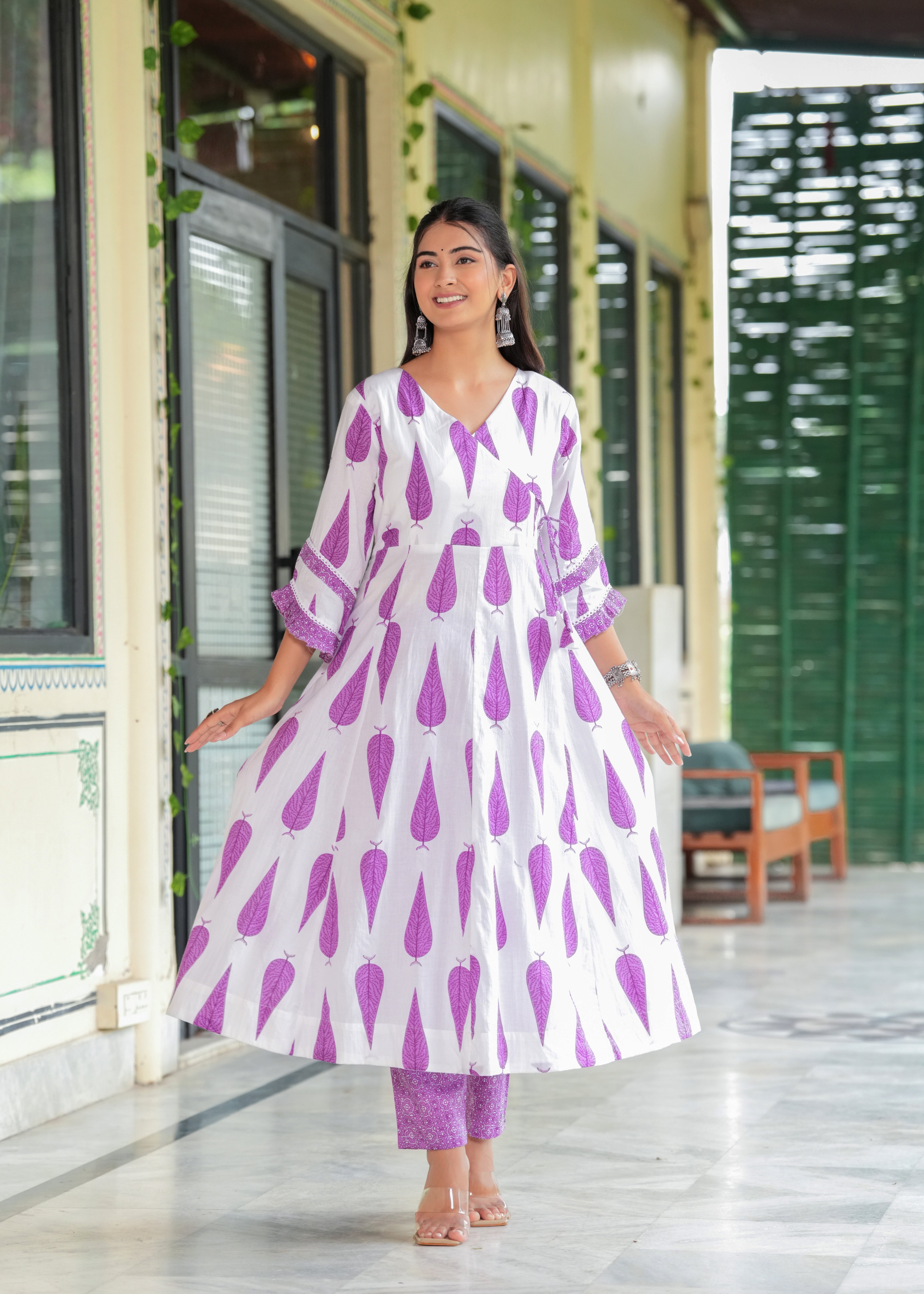 MEERA FAB Women's Cotton Blend Anarkali Printed Kurta with Palazzo & Dupatta