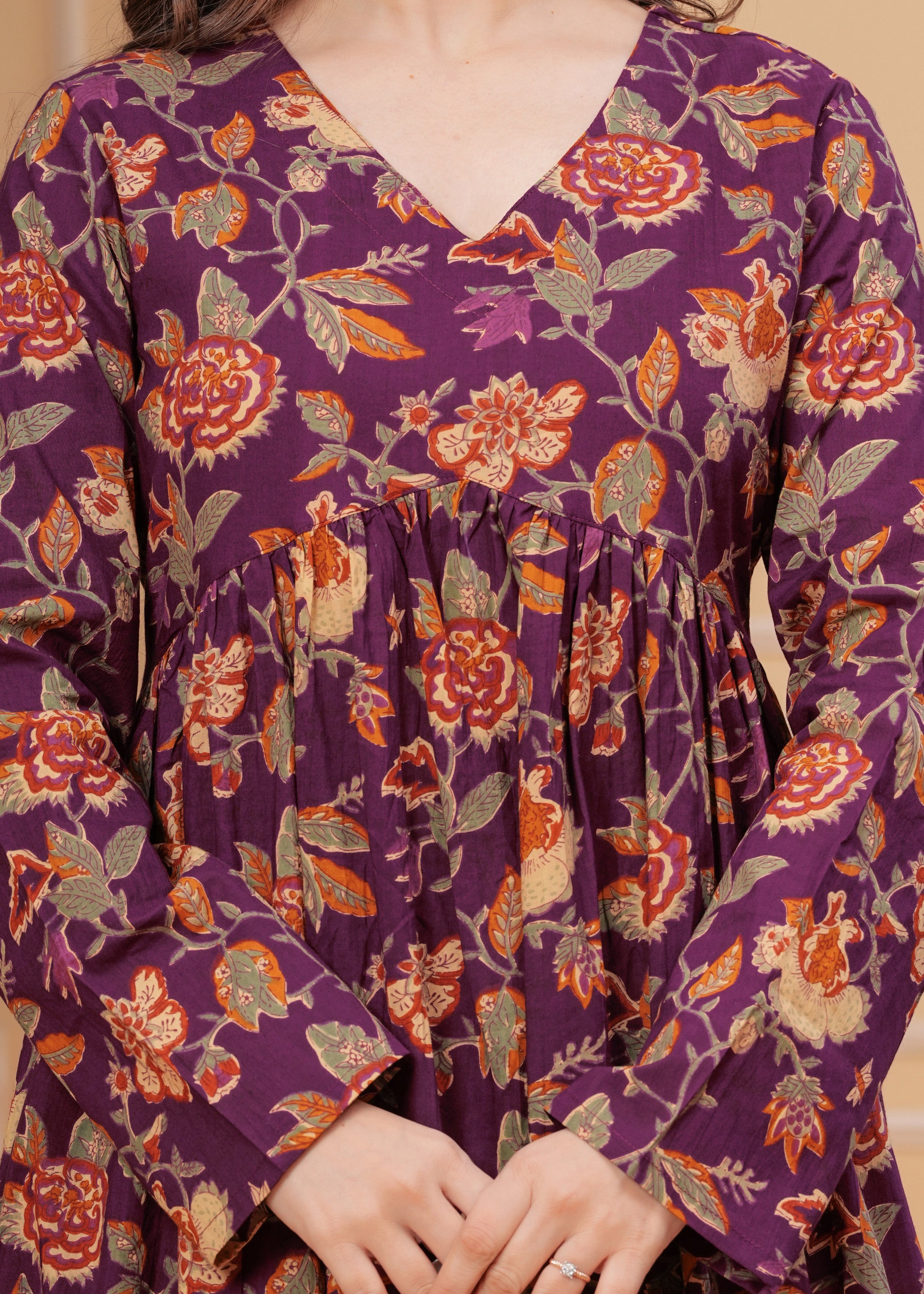 MEERA FAB Women's Cotton Blend V-Neck Anarkali Printed Kurta with Palazzo & Dupatta