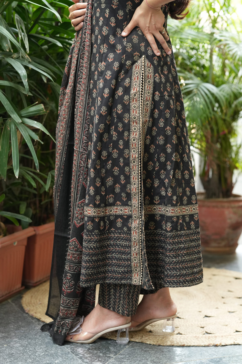 MEERA FAB Women Black Printed Regular Pure Cotton Anarkali Kurta with Palazzos & with Dupatta