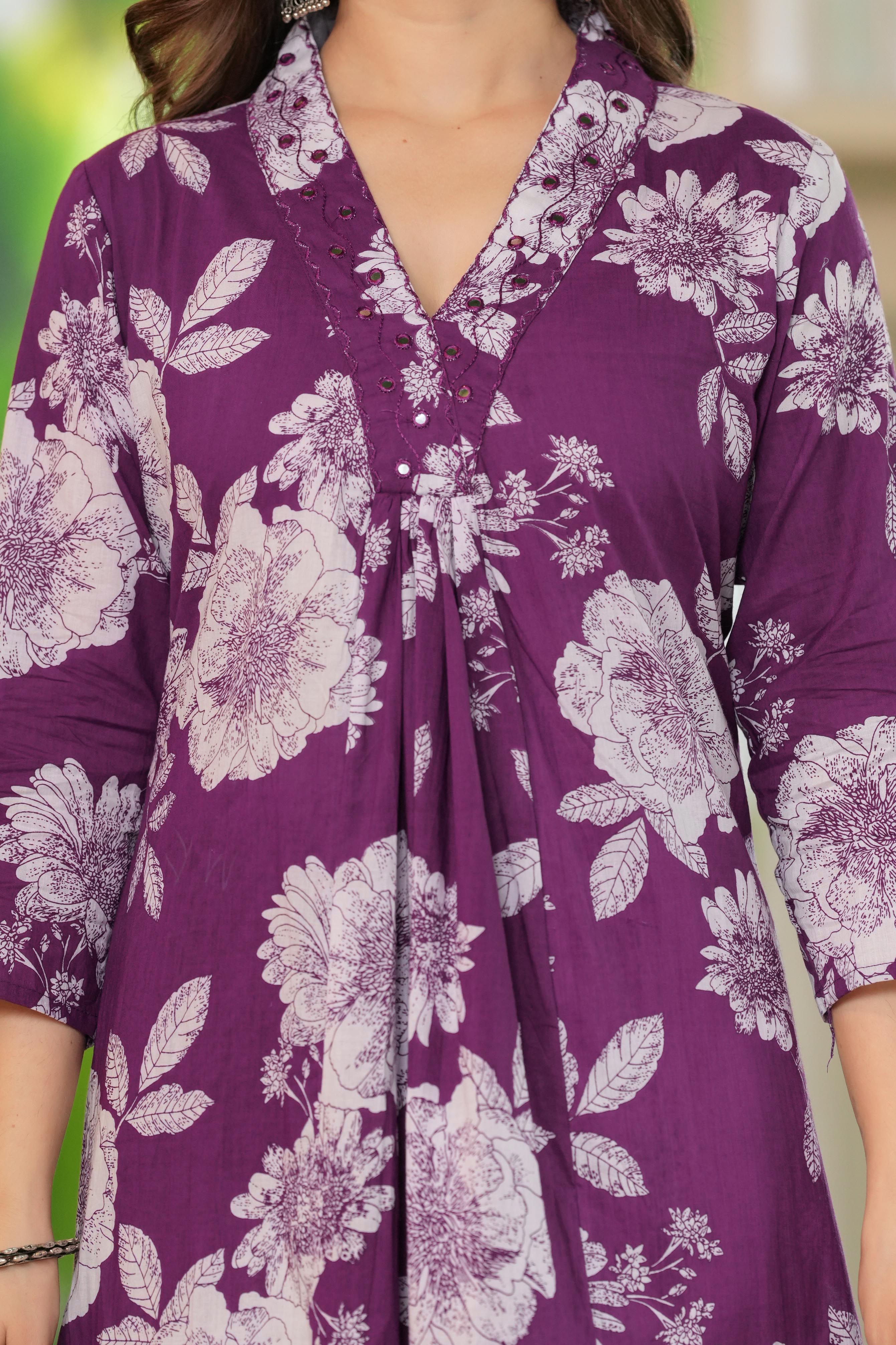 MEERA FAB Women Cotton Printed V-neck Kurta Palazzo Set