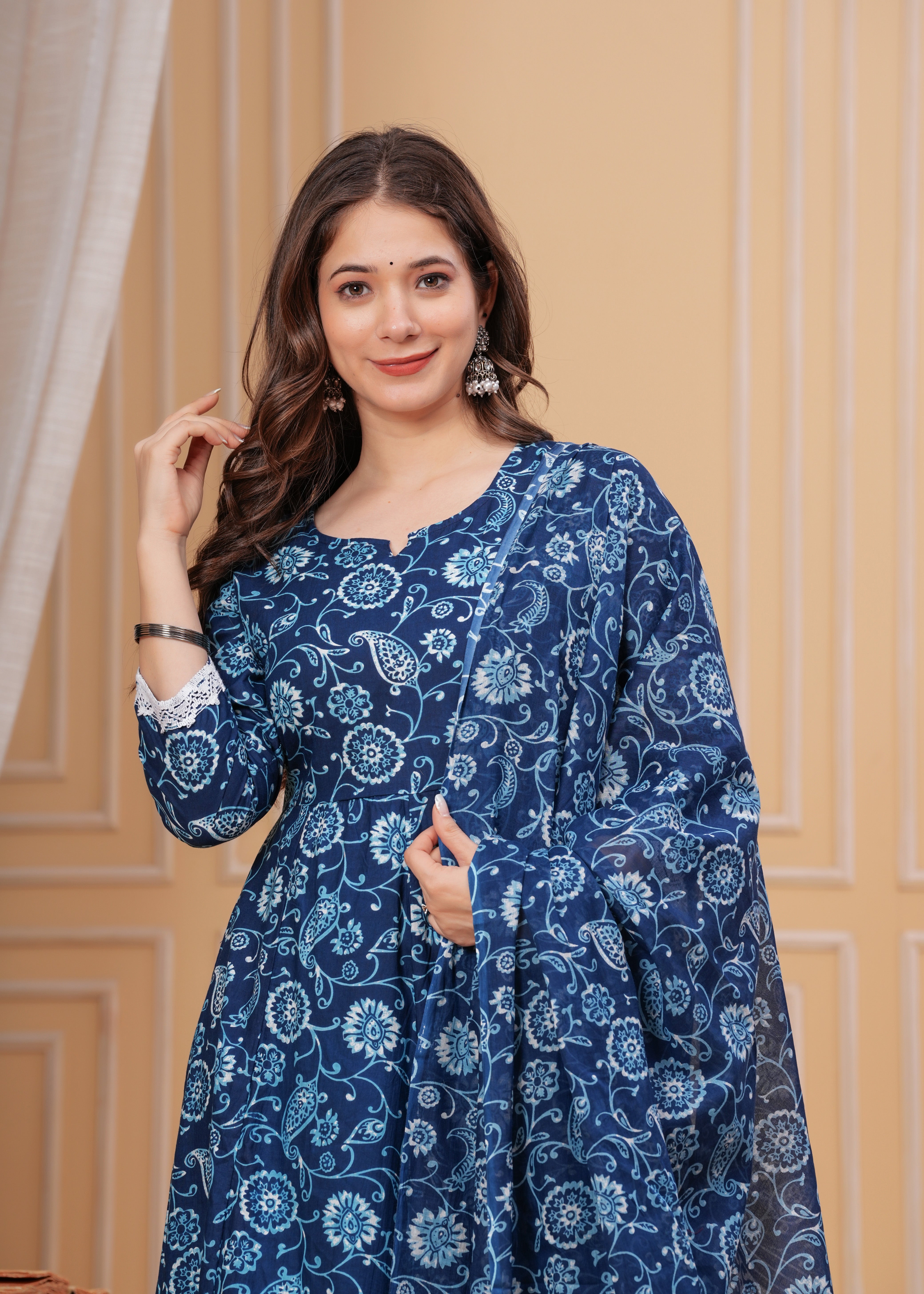 MEERA FAB Women's Cotton Printed Anarkali Kurta with Palazzo & Dupatta Set