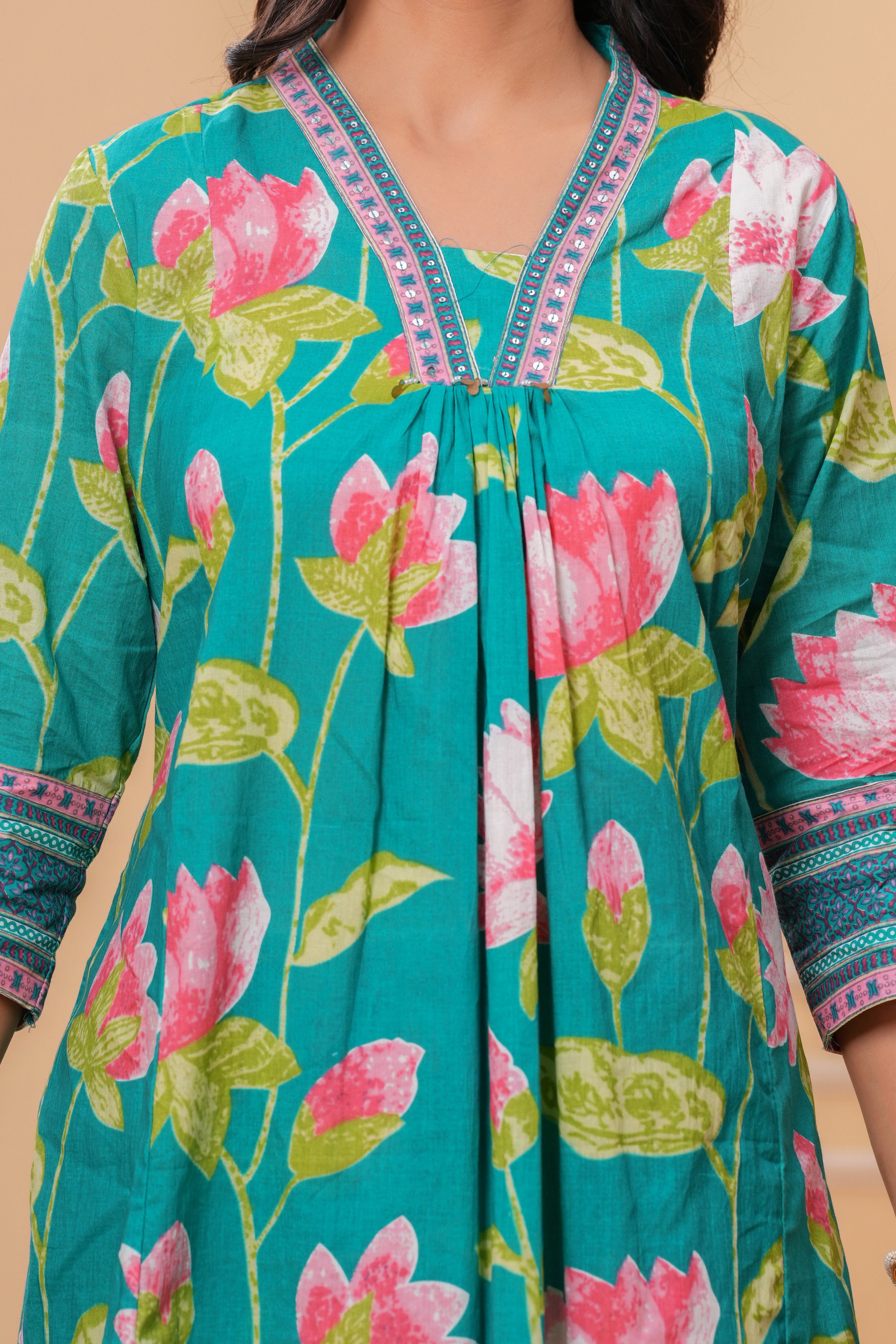 MEERA FAB Women's Pure Cotton Printed A-Line Kurta Set with Palazzo Pants & Dupatta