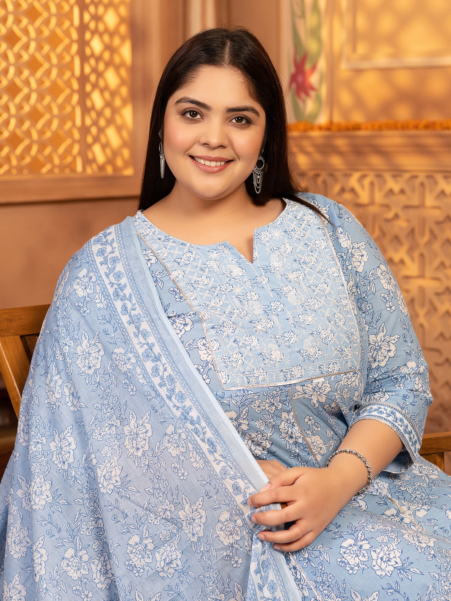 MEERA FAB Women's Pure Cotton Printed Anarkali Handwork Kurta with Palazzos & Dupatta