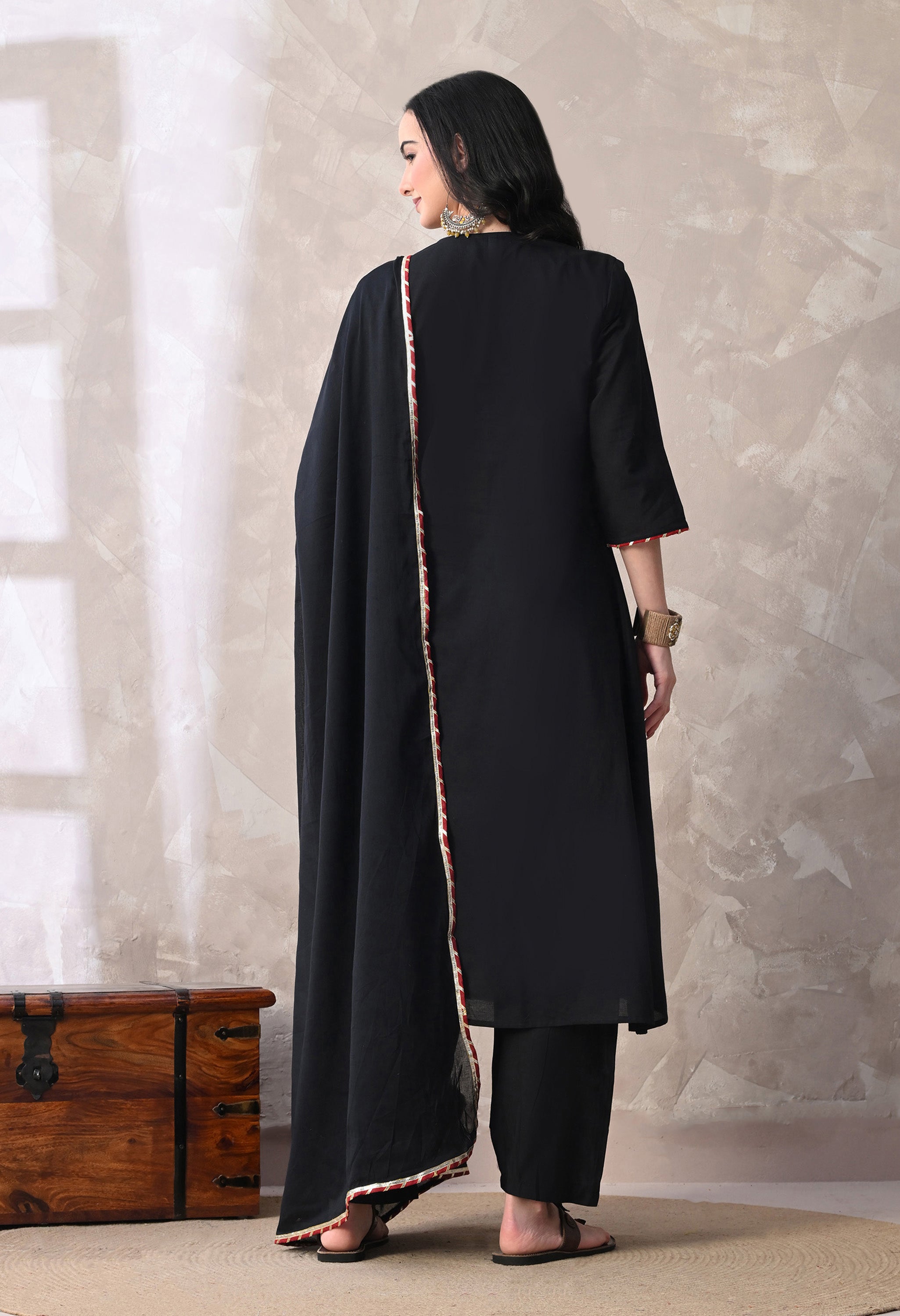 MEERA FAB Women's Cotton Anarkali Kurta with Palazzo and Dupatta, Embroidered Yoke, 3-Piece Set