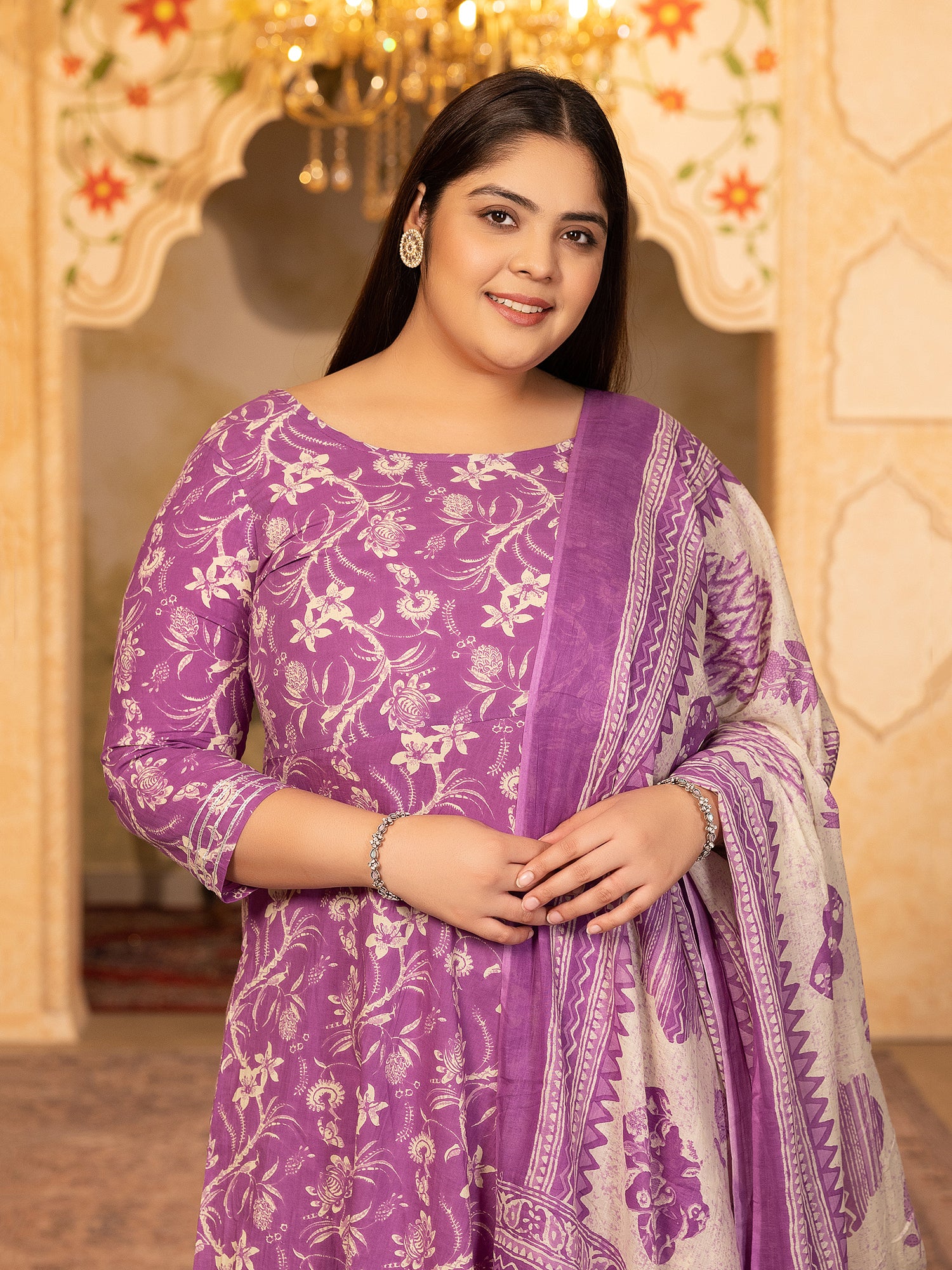 MEERA FAB Plus Size Women's Cotton Printed Anarkali Kurta with Palazzo & Dupatta Set with Dori