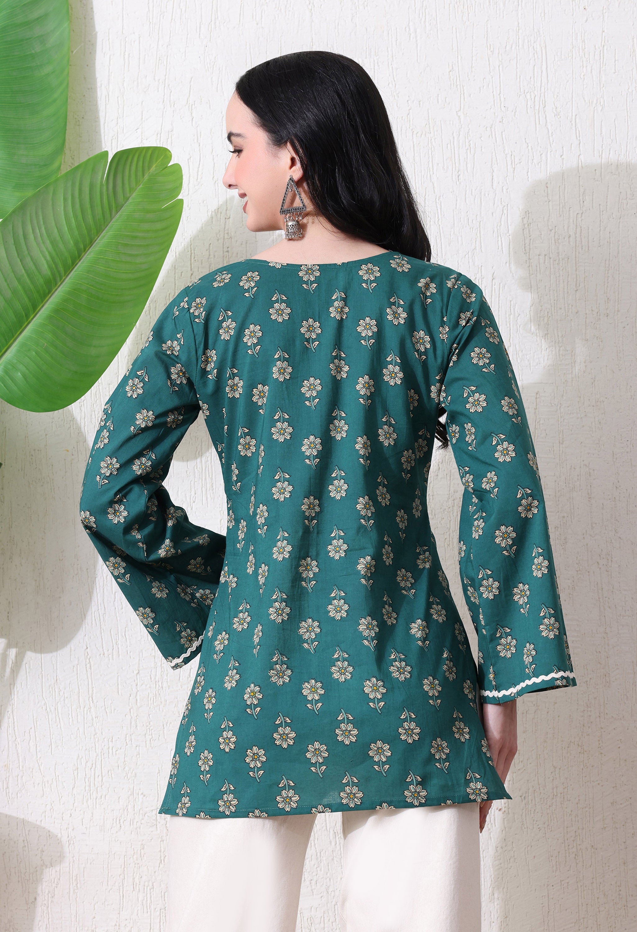 MEERA FAB Women's Floral Printed Cotton Short Kurta | Floral Printed Kurta with Bell Sleeves | Short Kurti for Women