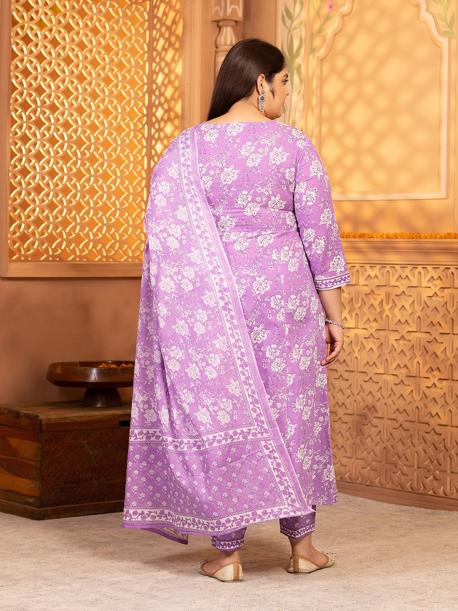 MEERA FAB Women's Pure Cotton Printed Anarkali Handwork Kurta with Palazzos & Dupatta