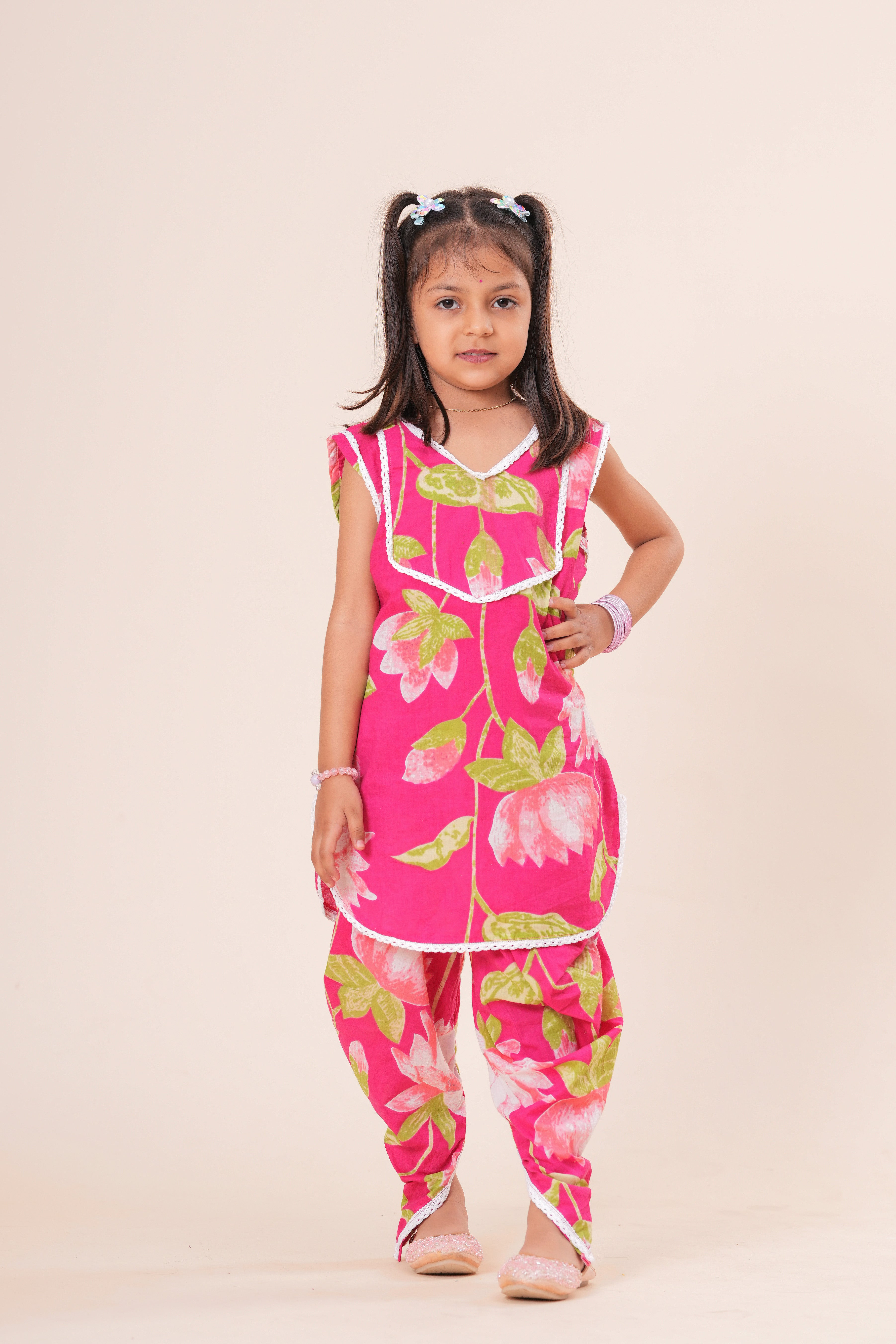Girls Kids Pure Cotton Cut Sleeves Top with Dhoti Pant Set | Floral Printed Top and Bottom Outfit | Traditional Ethnic Co-Ord Set