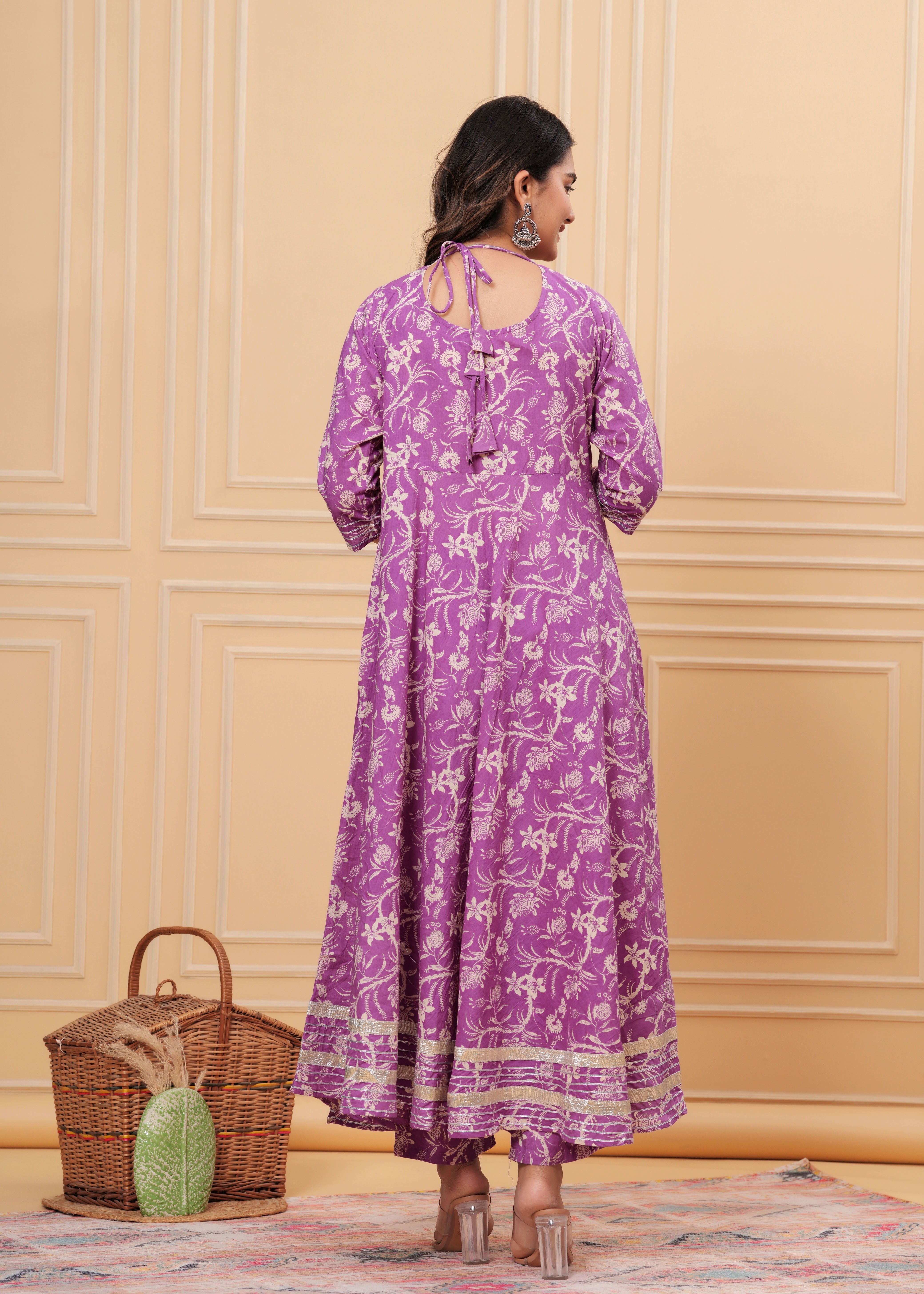 MEERA FAB Women's Cotton Printed Anarkali Kurta with Palazzo & Dupatta Set with Dori