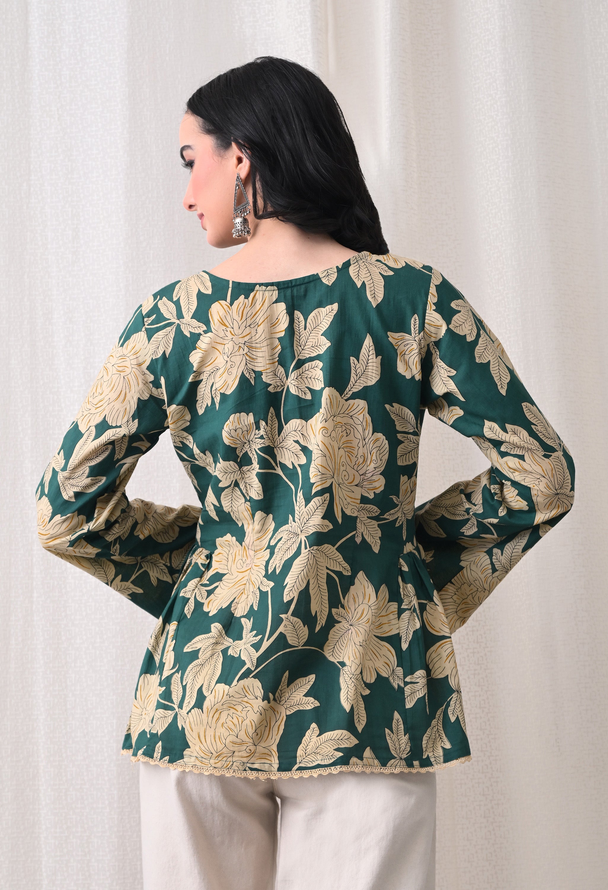 MEERA FAB Women's Summer Floral Printed Cotton Short Kurta Bell Sleeves | Floral Printed Kurta | Short Kurti for Women