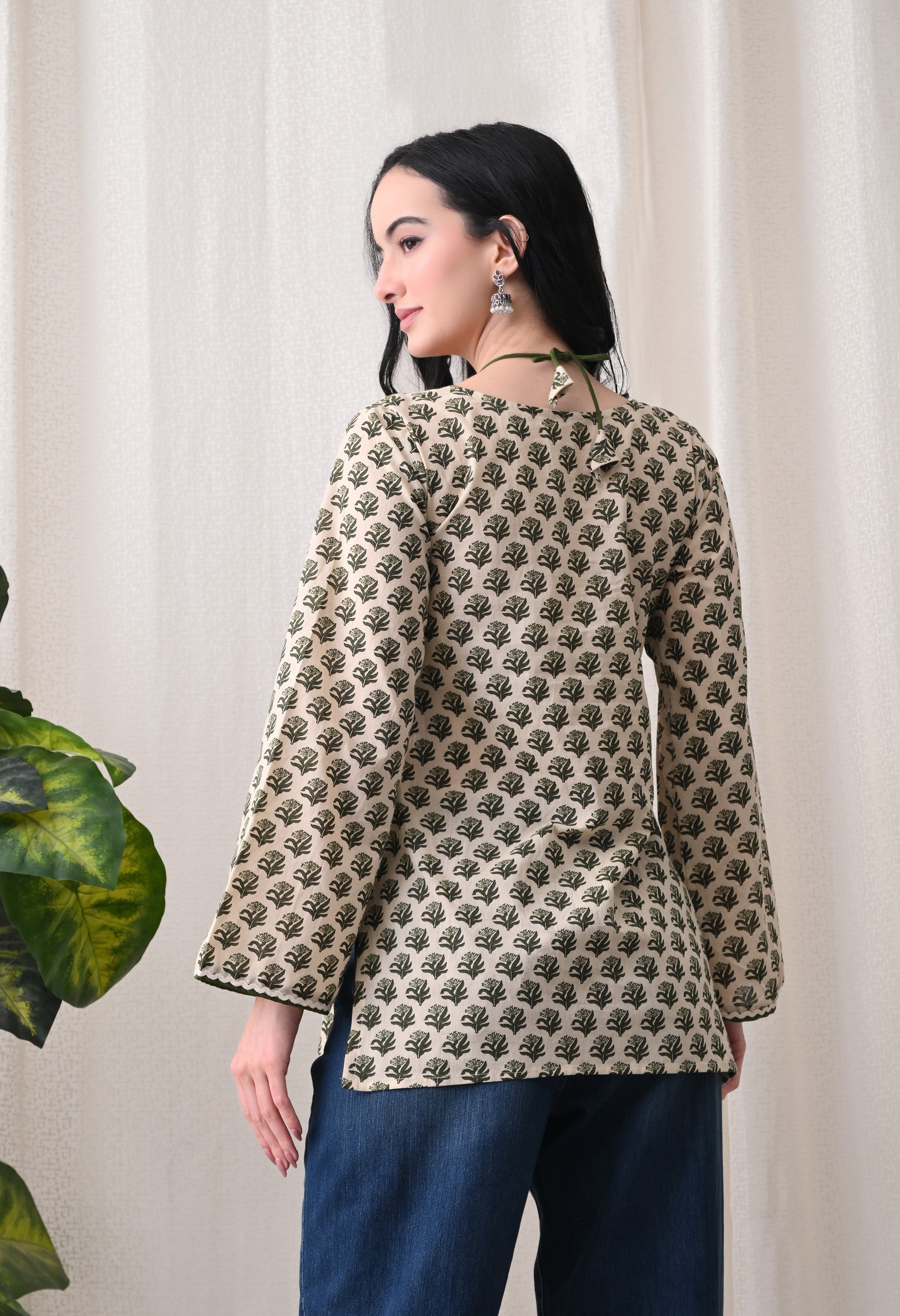 MEERA FAB Women Cotton Printed A-Line Tunic Top with Square Neck | Floral Printed Halter Strap Detail & Bell Sleeves | Short Kurti for Women