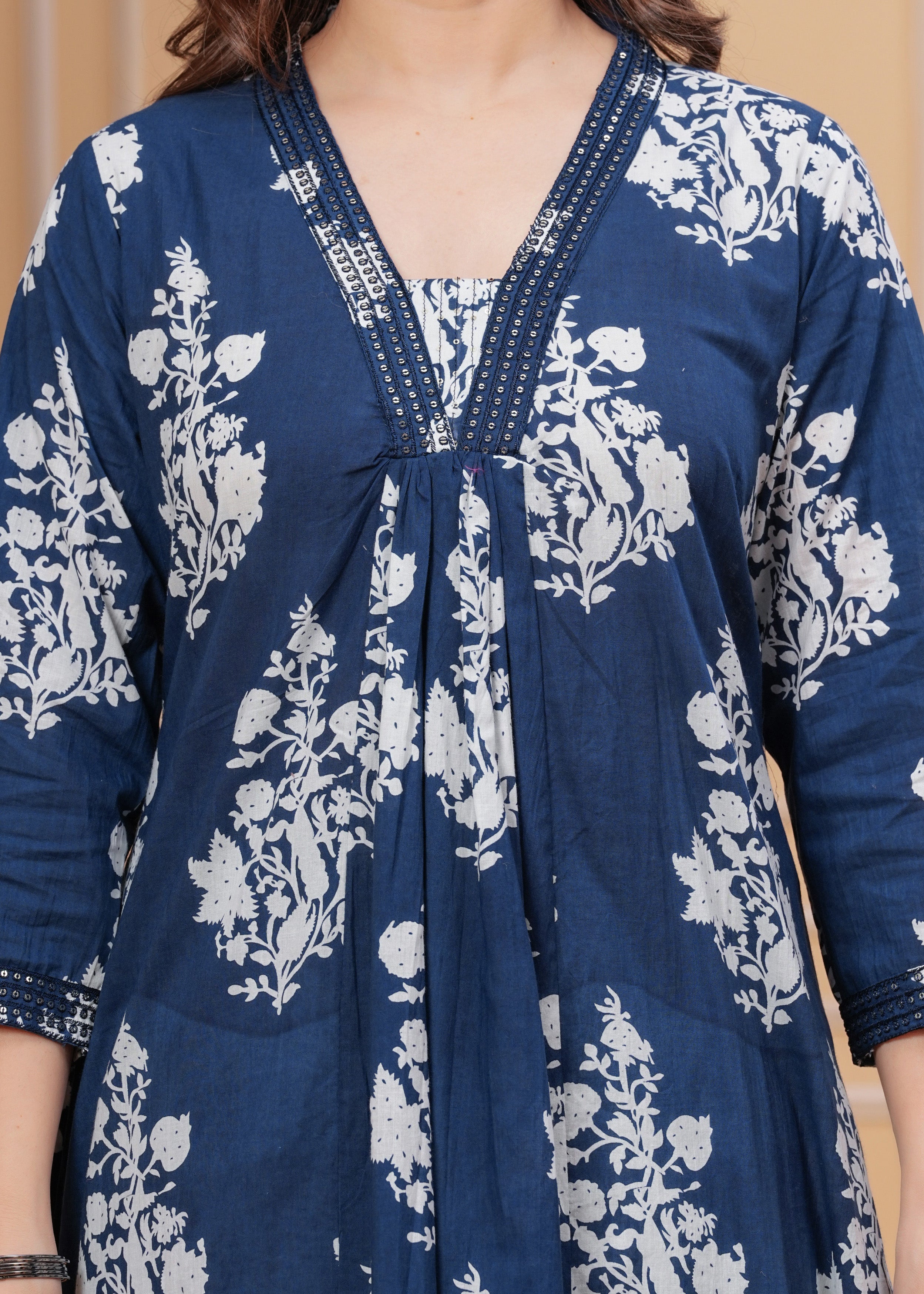 MEERA FAB Women's Cotton Blend V-Neck Anarkali Embrodriery Kurta with Palazzo & Dupatta