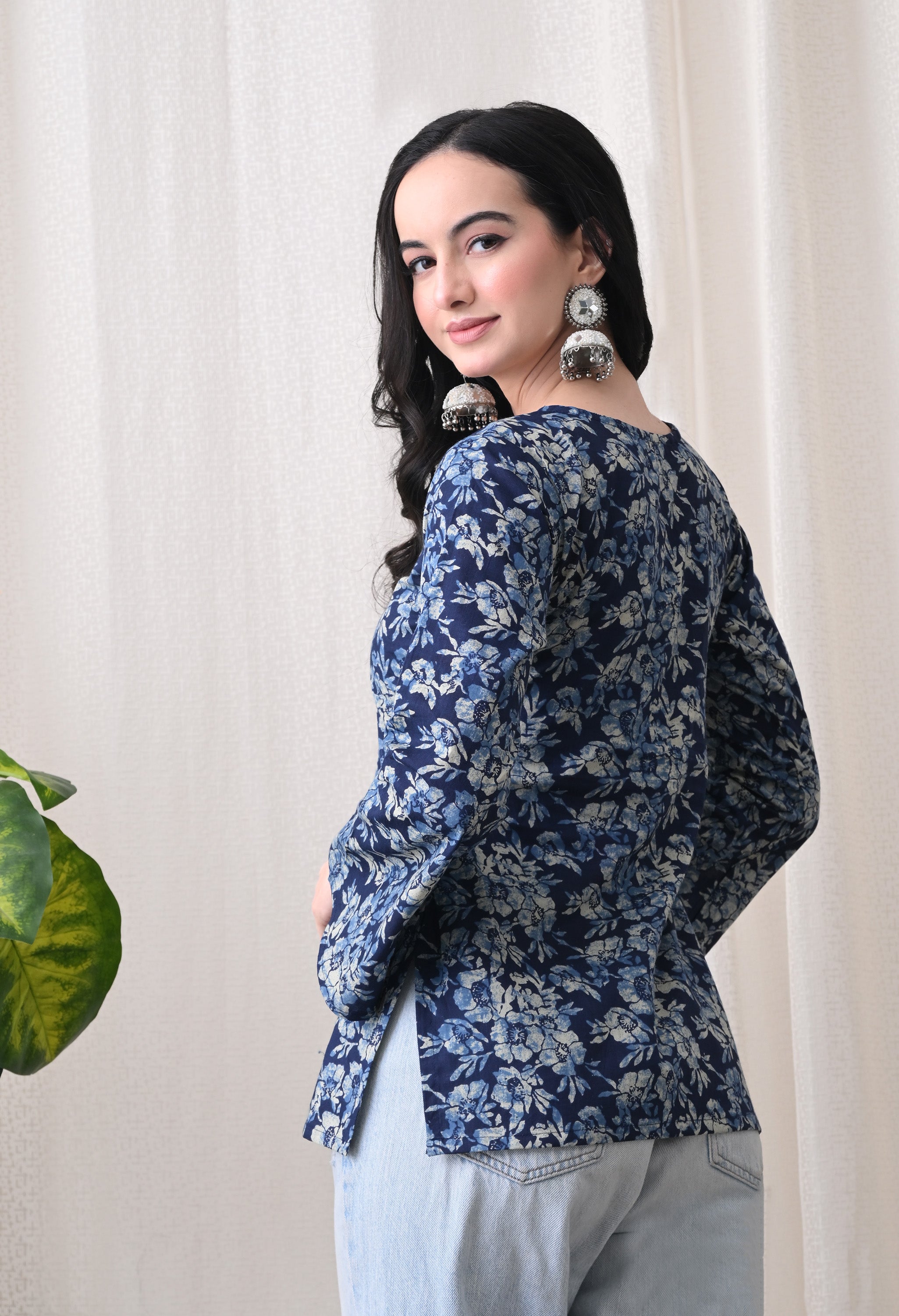 MEERA FAB Women's Boho Floral Printed Kurti Top | V-Neck Tie-Up Cotton Blouse with Bell Sleeves | Casual Summer Tunic for Jeans